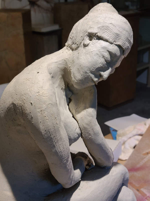 "Pensive"  detail of torso, Ceramic Sculpture, in process, Linda A Levy, LA Levy, Linda Levy, artist, sculptor, Bonny Doon, Santa Cruz, California