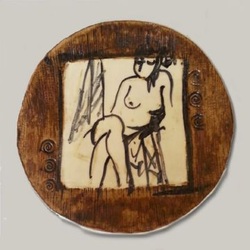 Ceramic Platter - Wall Hanging, with figurative drawing glazed into surface, by Linda A. Levy, Linda Levy, LA Levy, art, arts, artist, arts advocate, painting, digital painting, digital art, digital art work, fine art, graphic design, graphic designer, ceramics, ceramicist, ceramic art, sculpture, ceramic sculpture, Jewelry, Necklaces, Earrings, Gemstone jewelry, handcrafted, original art, Santa Cruz California