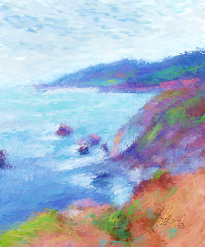 "Big Sur Coast" digital painting, Linda A. Levy, LA Levy, Linda Levy, Bonny Doon, Santa Cruz, California, artist