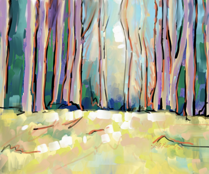 "Eucalyptus Trees" digital painting, Linda A. Levy, LA Levy, Linda Levy, Bonny Doon, Santa Cruz, California, artist