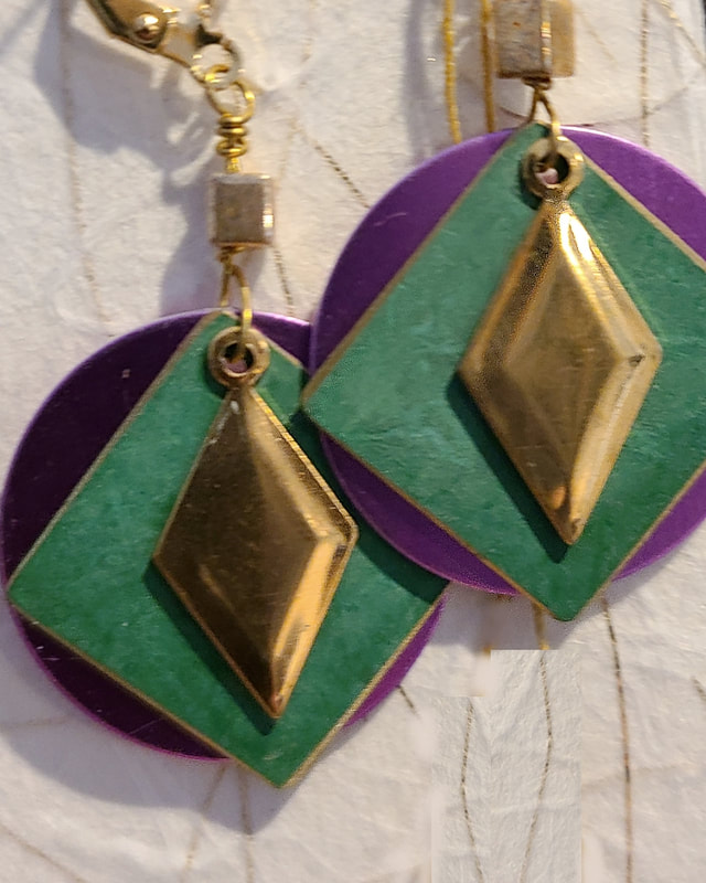 Brass diamond shaped dangles - Linda Levy has been creating Jewelry, Necklaces, Earrings, Gemstone jewelry, handcrafted, original art, in Santa Cruz California
