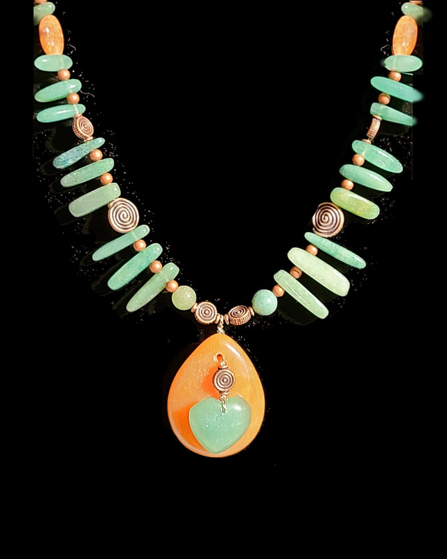 Unique hand made necklace, featuring peach and green adventurine semi-precious gemstones, Linda Levy has been creating Jewelry, Necklaces, Earrings, Gemstone jewelry, handcrafted, original art, in Santa Cruz California