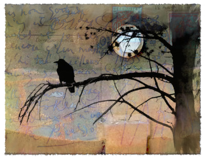 Digital Painting by LA Levy, 2018, using Corel's Painter.  Raven on a branch composited over decaying background, postcard from Picasso,