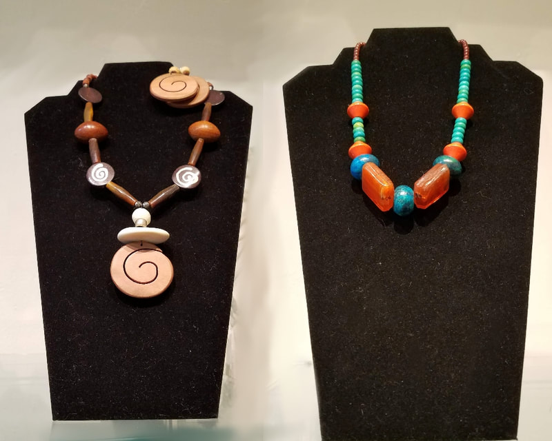 Big statement necklaces by Linda A. Levy, handmade using wood, bone, ceramics, glass, metal findings