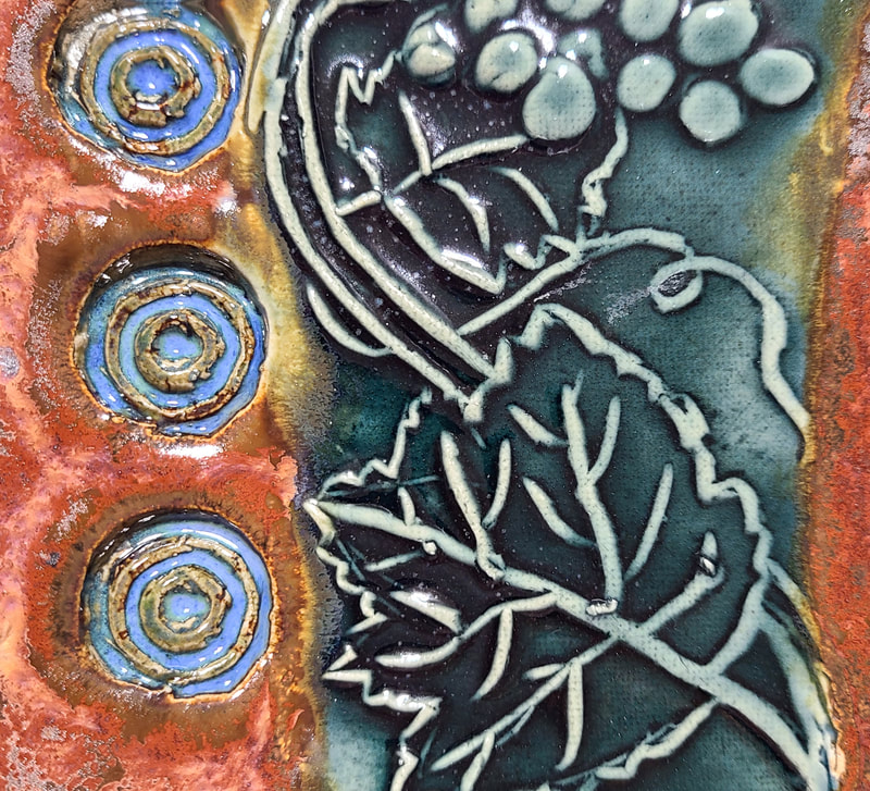 Detail of Ceramic plate grape motif, Linda Levy, LA Levy, Santa Cruz, California, Artist