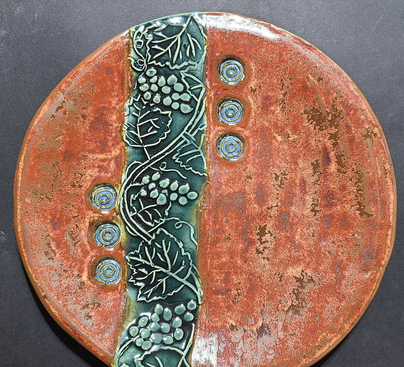Ceramic plate grape motif, Linda Levy, LA Levy, Santa Cruz, California, Artist