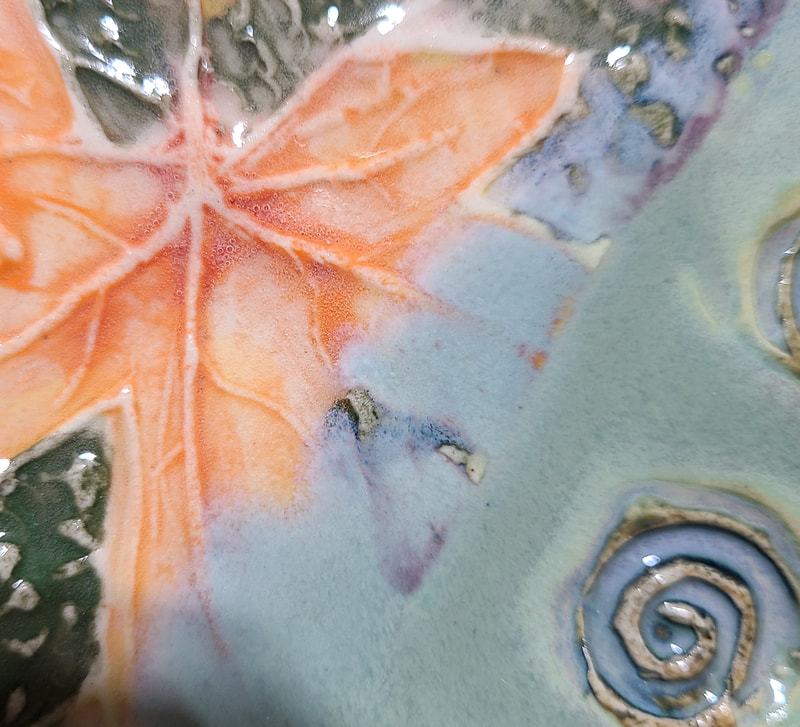 Ceramic plate maple leaf motif detail, Linda Levy, LA Levy, Santa Cruz, California, Artist