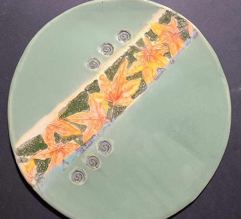 Ceramic plate maple leaf motif, Linda Levy, LA Levy, Santa Cruz, California, Artist