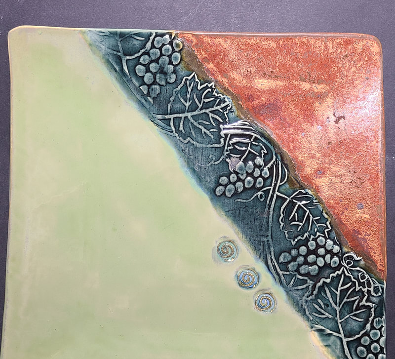 Square Ceramic plate grape motif, Linda Levy, LA Levy, Santa Cruz, California, Artist