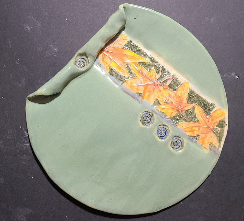 Altered Ceramic plate maple leaf motif, Linda Levy, LA Levy, Santa Cruz, California, Artist