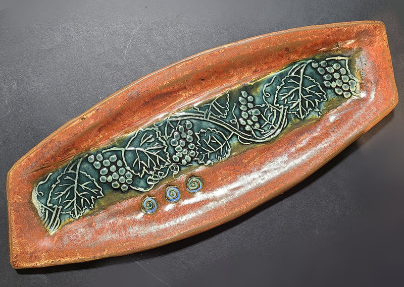 Ceramic platter grape motif, Linda Levy, LA Levy, Santa Cruz, California, Artist
